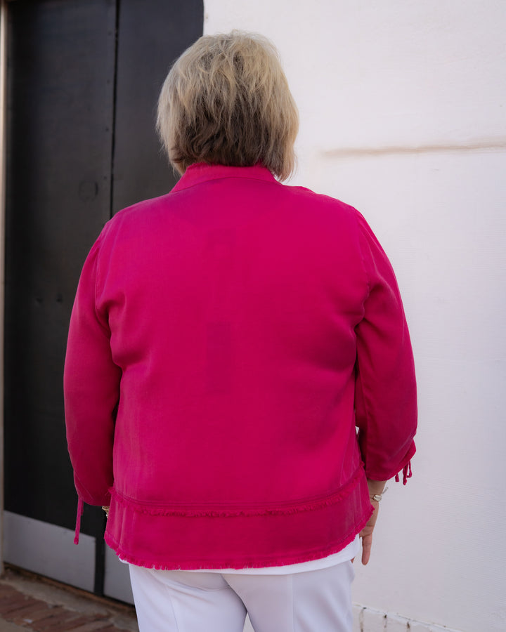 Multiples: 3/4 Sleeve Double Fringe Hem Top (Candy Pink) (M16111TM) - The Vogue Boutique