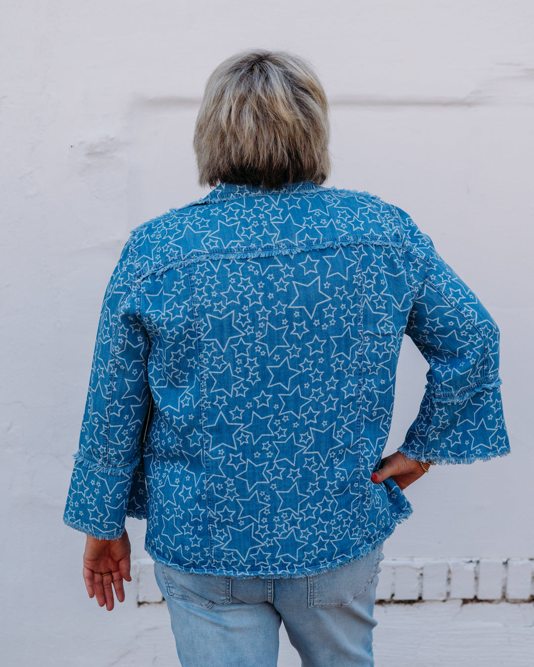Multiples: (Freedom Rings) 3/4 Flounce Sleeve Button Fringe Trim Jacket in Blue (M26308JM) - The Vogue Boutique