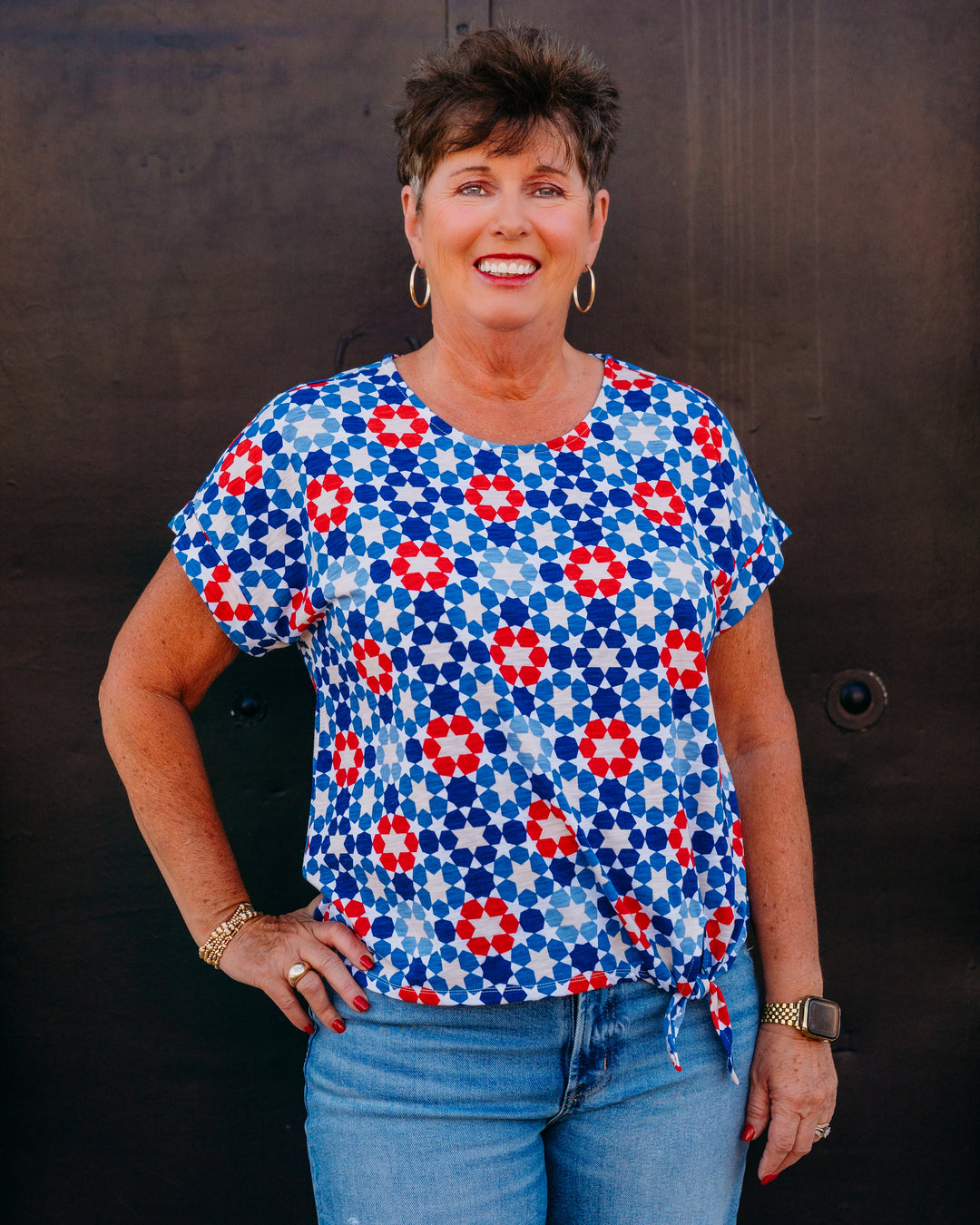Multiples: (Freedom Ring) Printed Slub Knit Top with Tie Waist - Star Multi (M26107TM) - The Vogue Boutique