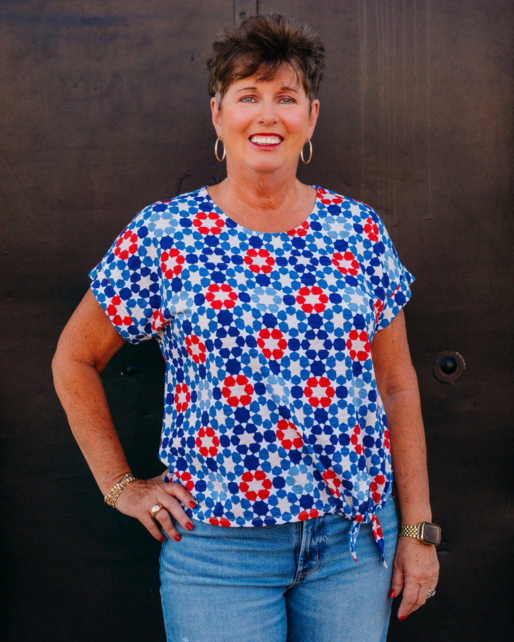 Multiples: (Freedom Ring) Printed Slub Knit Top with Tie Waist - Star Multi (M26107TM) - The Vogue Boutique