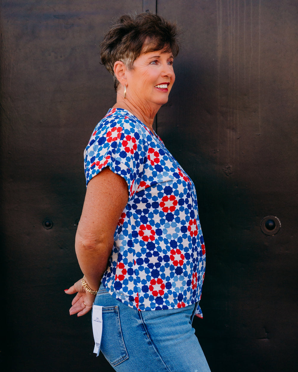 Multiples: (Freedom Ring) Printed Slub Knit Top with Tie Waist - Star Multi (M26107TM) - The Vogue Boutique
