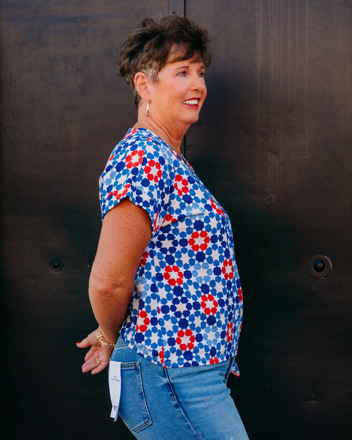 Multiples: (Freedom Ring) Printed Slub Knit Top with Tie Waist - Star Multi (M26107TM) - The Vogue Boutique