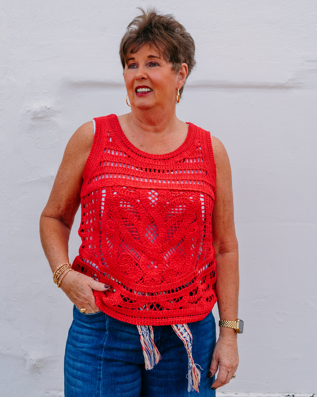 French Dressing Jeans: Sleeveless Textured Sweater in Red (1258330) - The Vogue Boutique