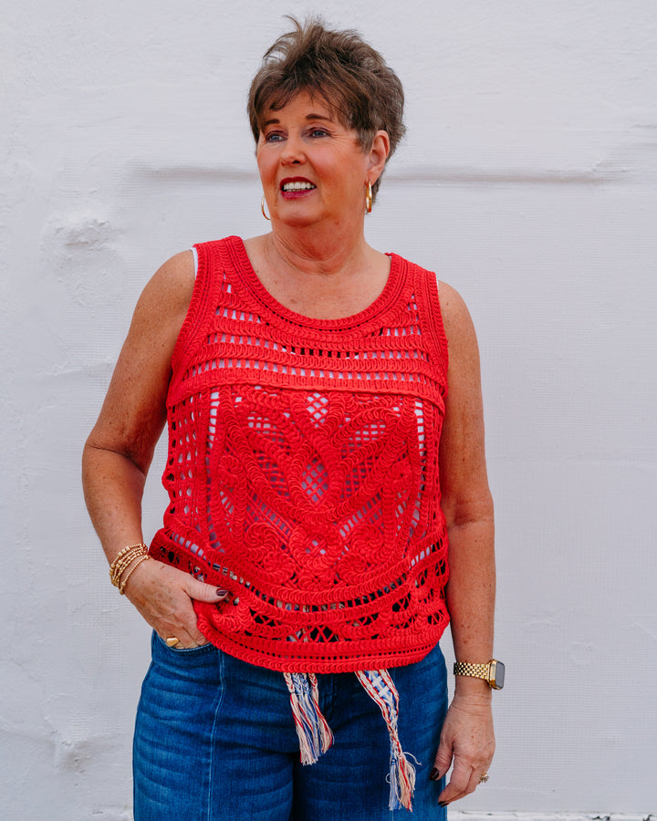 French Dressing Jeans: Sleeveless Textured Sweater in Red (1258330) - The Vogue Boutique