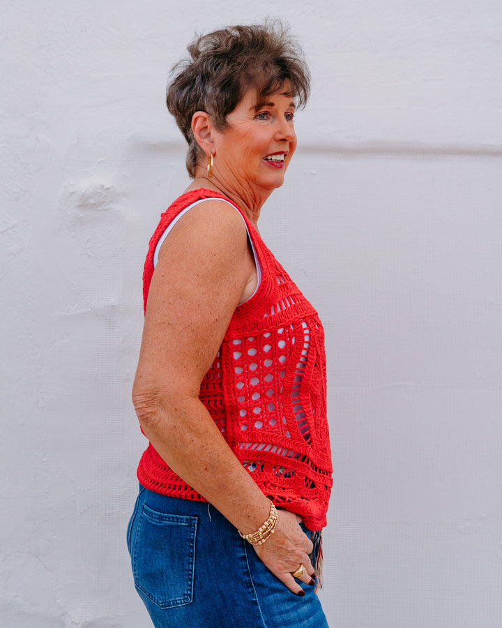 French Dressing Jeans: Sleeveless Textured Sweater in Red (1258330) - The Vogue Boutique