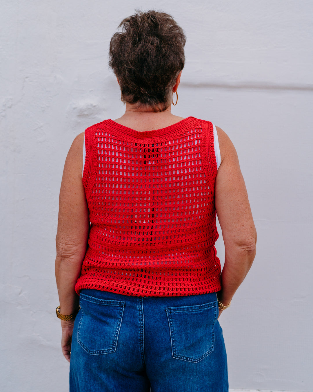 French Dressing Jeans: Sleeveless Textured Sweater in Red (1258330) - The Vogue Boutique