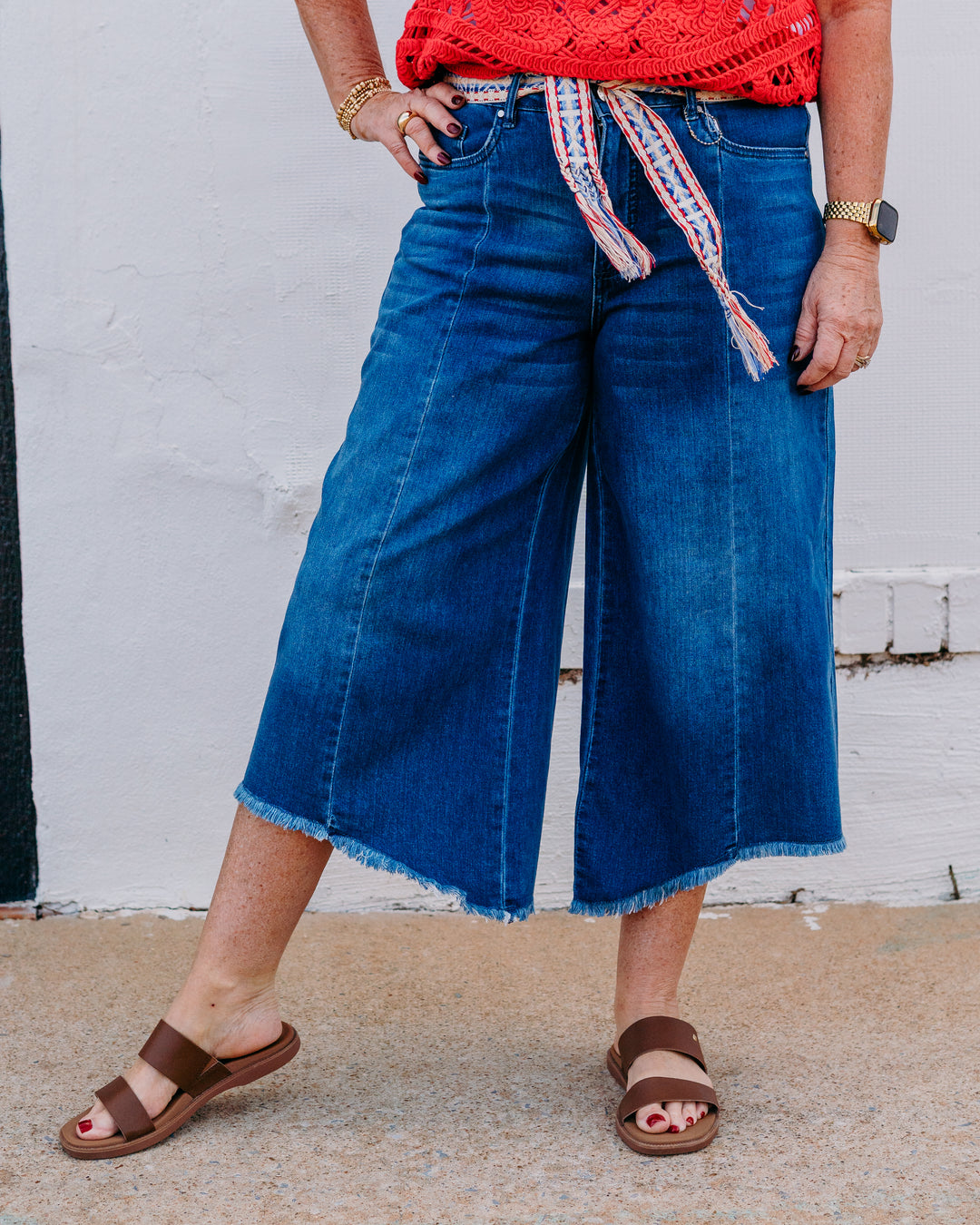 French Dressing Jeans: Loose Mid-Rise High-Low Crop in Medium Blue (2117843) - The Vogue Boutique