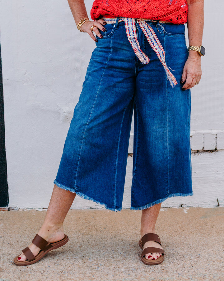 French Dressing Jeans: Loose Mid-Rise High-Low Crop in Medium Blue (2117843) - The Vogue Boutique