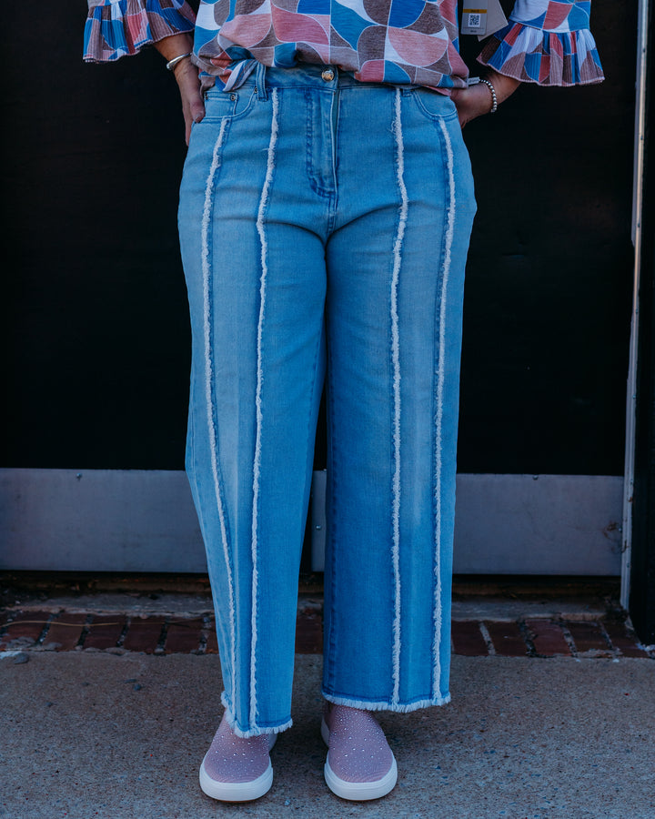 Multiples: (Slimstation) Light Indigo Wide Leg Cropped Jeans with Front Seam (M16708TM) - The Vogue Boutique