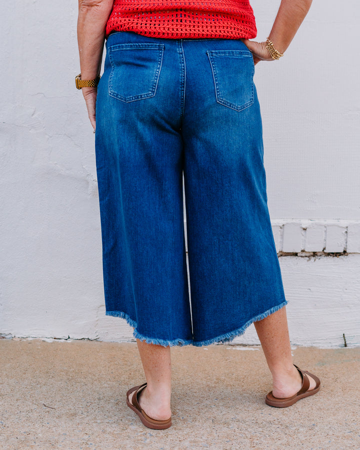 French Dressing Jeans: Loose Mid-Rise High-Low Crop in Medium Blue (2117843) - The Vogue Boutique
