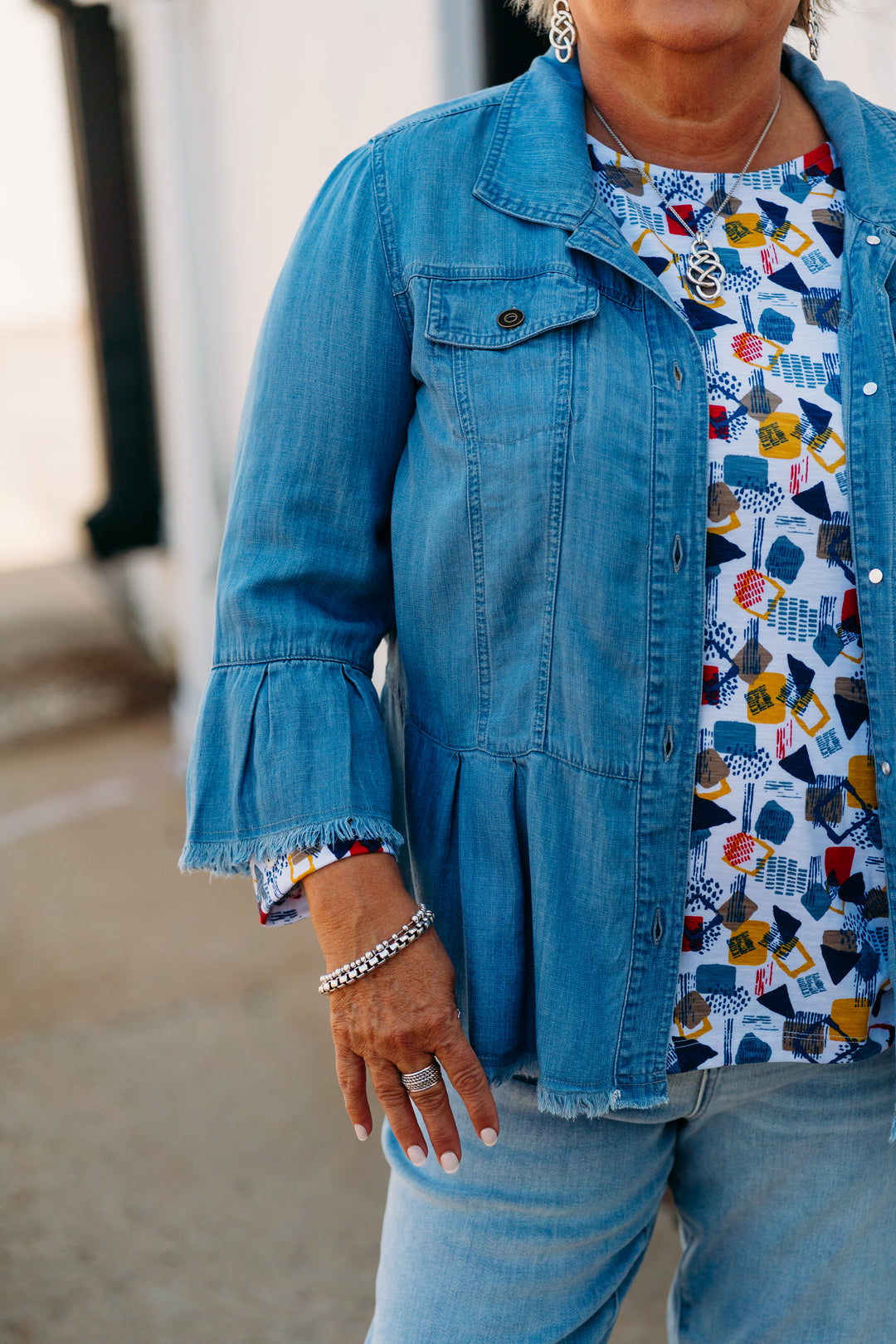 Multiples: (Liberty) Flounce Sleeve Peplum Jacket in LTINDG M25506JM