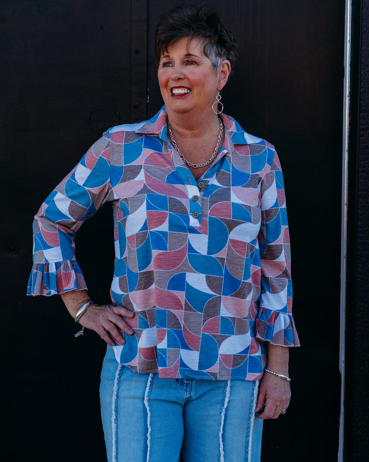 Multiples: (Essentials) Patterned, Multi-color 3/4 Pleated Flounce Top (M16108TM)