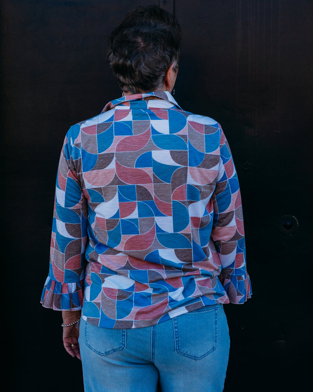 Multiples: (Essentials) Patterned, Multi-color 3/4 Pleated Flounce Top (M16108TM)