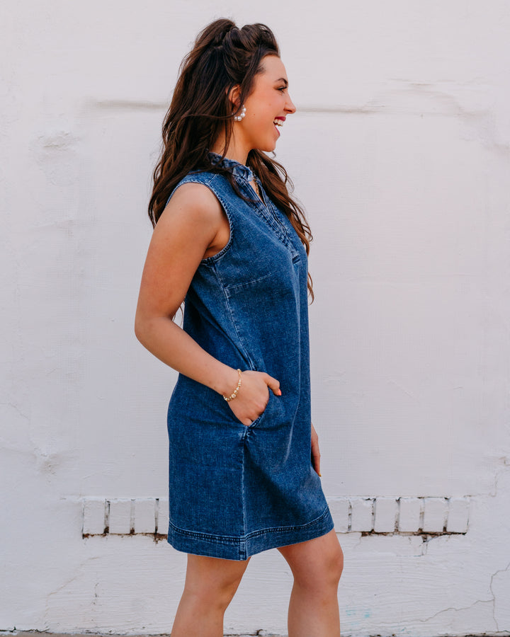French Dressing Jeans: Denim Shift Dress in Dark Snow (7904992) - The Vogue Boutique