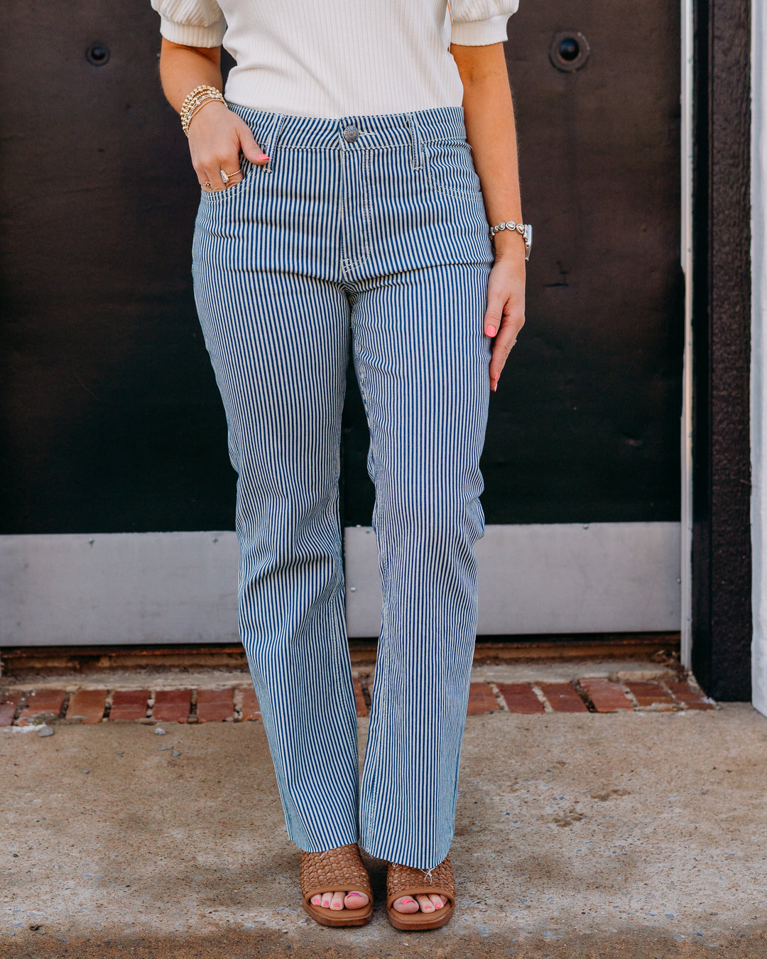 Kut: Kelsey High Rise Fab Ab Ankle Flare in Navy/Ivory (KP1574ME4) - The Vogue Boutique