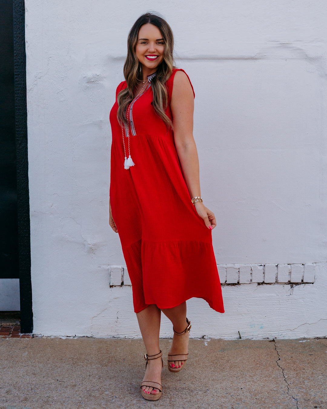 French Dressing Jeans: Cap Sleeve Tiered Midi Dress in Red (7849211) - The Vogue Boutique
