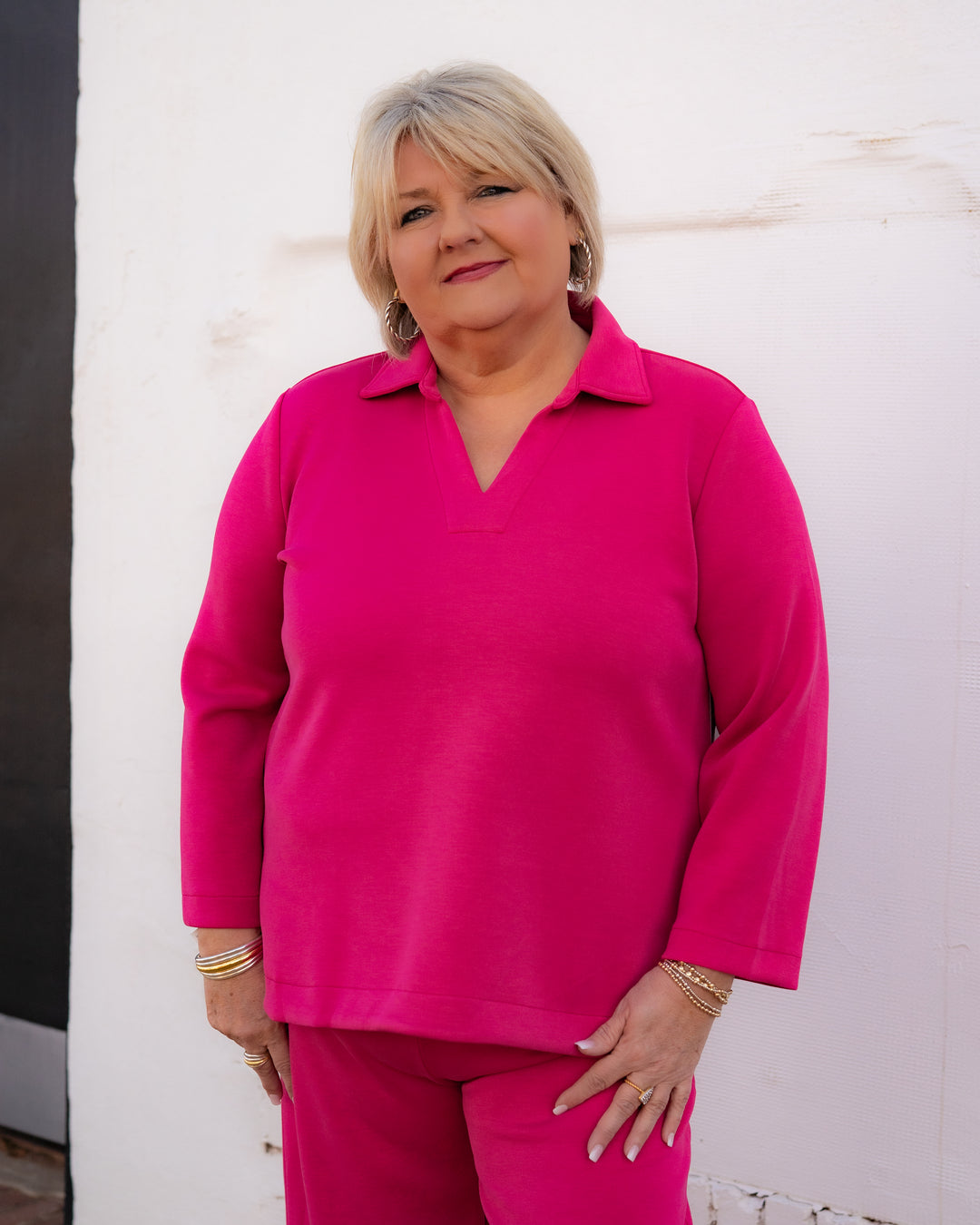 Multiples: 3/4 Sleeve Johnny Collar V-Neck Top (Candy Pink) (M16723TM) - The Vogue Boutique