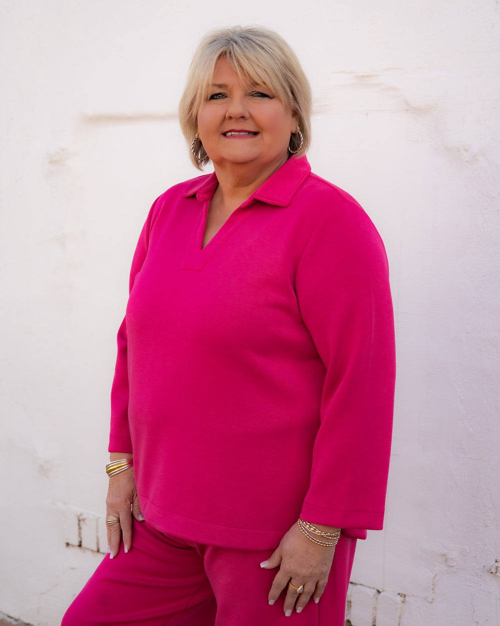 Multiples: 3/4 Sleeve Johnny Collar V-Neck Top (Candy Pink) (M16723TM) - The Vogue Boutique