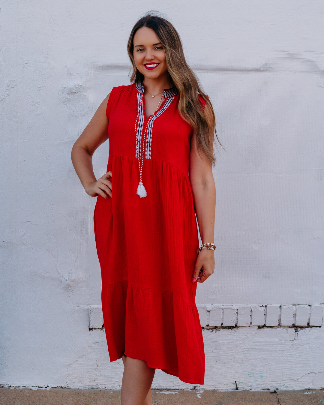 French Dressing Jeans: Cap Sleeve Tiered Midi Dress in Red (7849211) - The Vogue Boutique