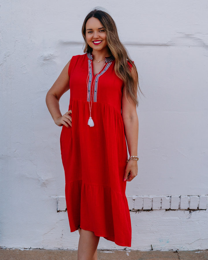 French Dressing Jeans: Cap Sleeve Tiered Midi Dress in Red (7849211) - The Vogue Boutique