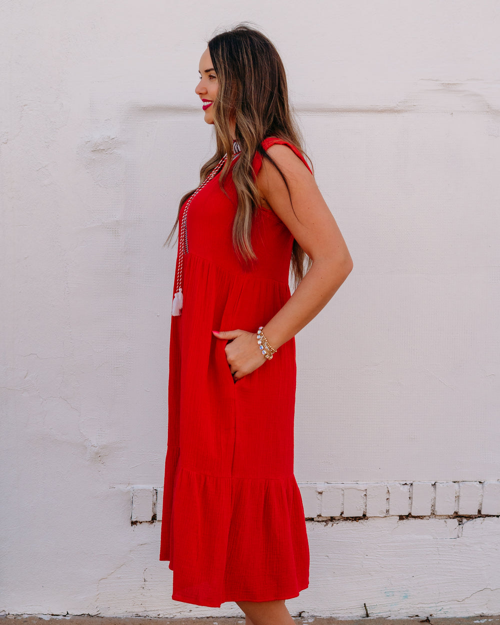 French Dressing Jeans: Cap Sleeve Tiered Midi Dress in Red (7849211) - The Vogue Boutique
