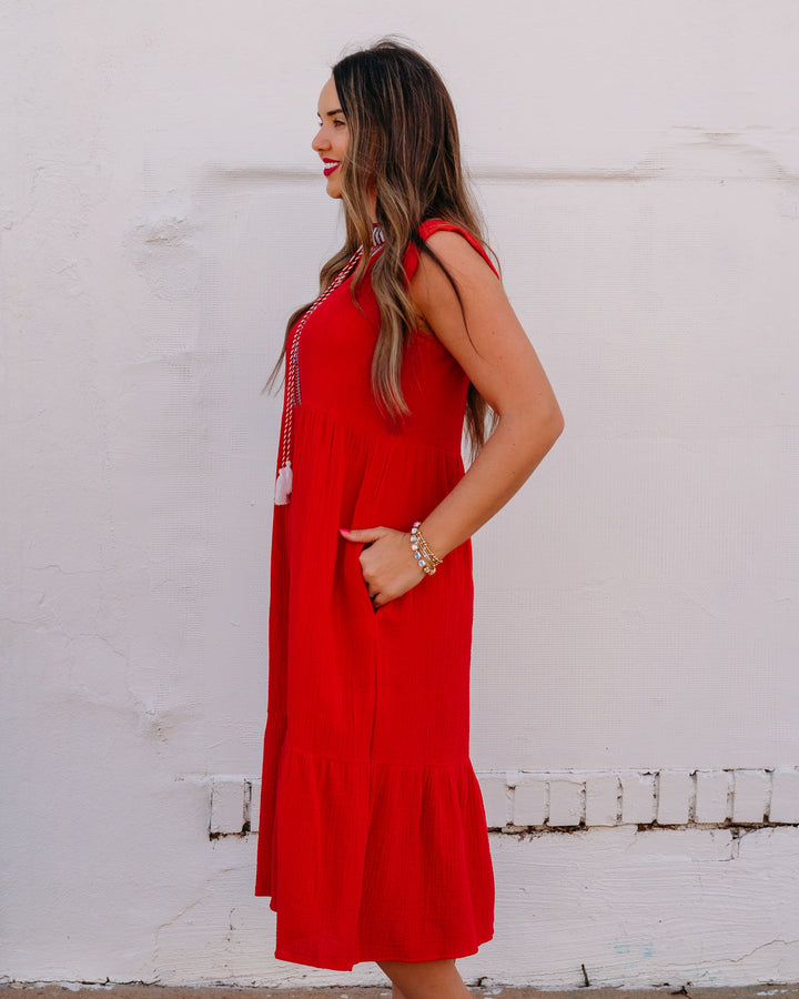 French Dressing Jeans: Cap Sleeve Tiered Midi Dress in Red (7849211) - The Vogue Boutique