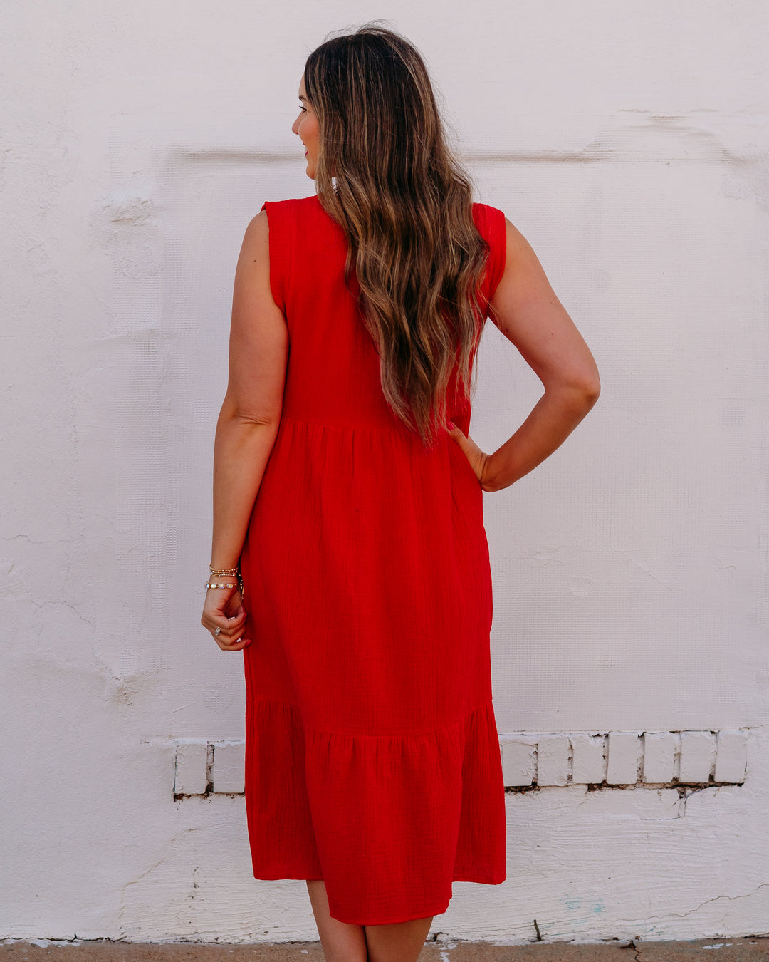 French Dressing Jeans: Cap Sleeve Tiered Midi Dress in Red (7849211) - The Vogue Boutique