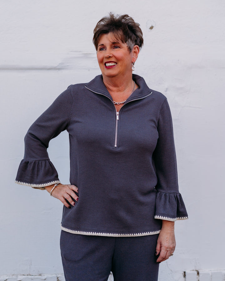 Multiples: (Snow Leopard) 3/4 Sleeve Half Zip Rib Knit Top M45510TM