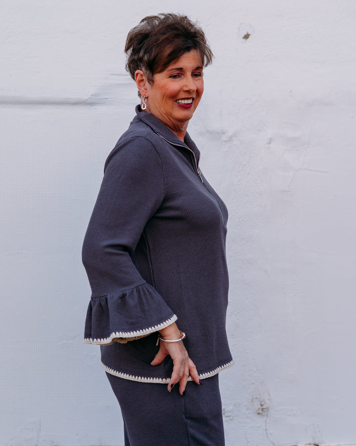 Multiples: (Snow Leopard) 3/4 Sleeve Half Zip Rib Knit Top M45510TM