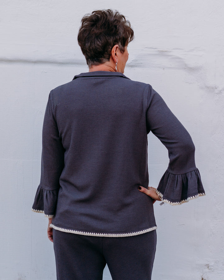 Multiples: (Snow Leopard) 3/4 Sleeve Half Zip Rib Knit Top M45510TM