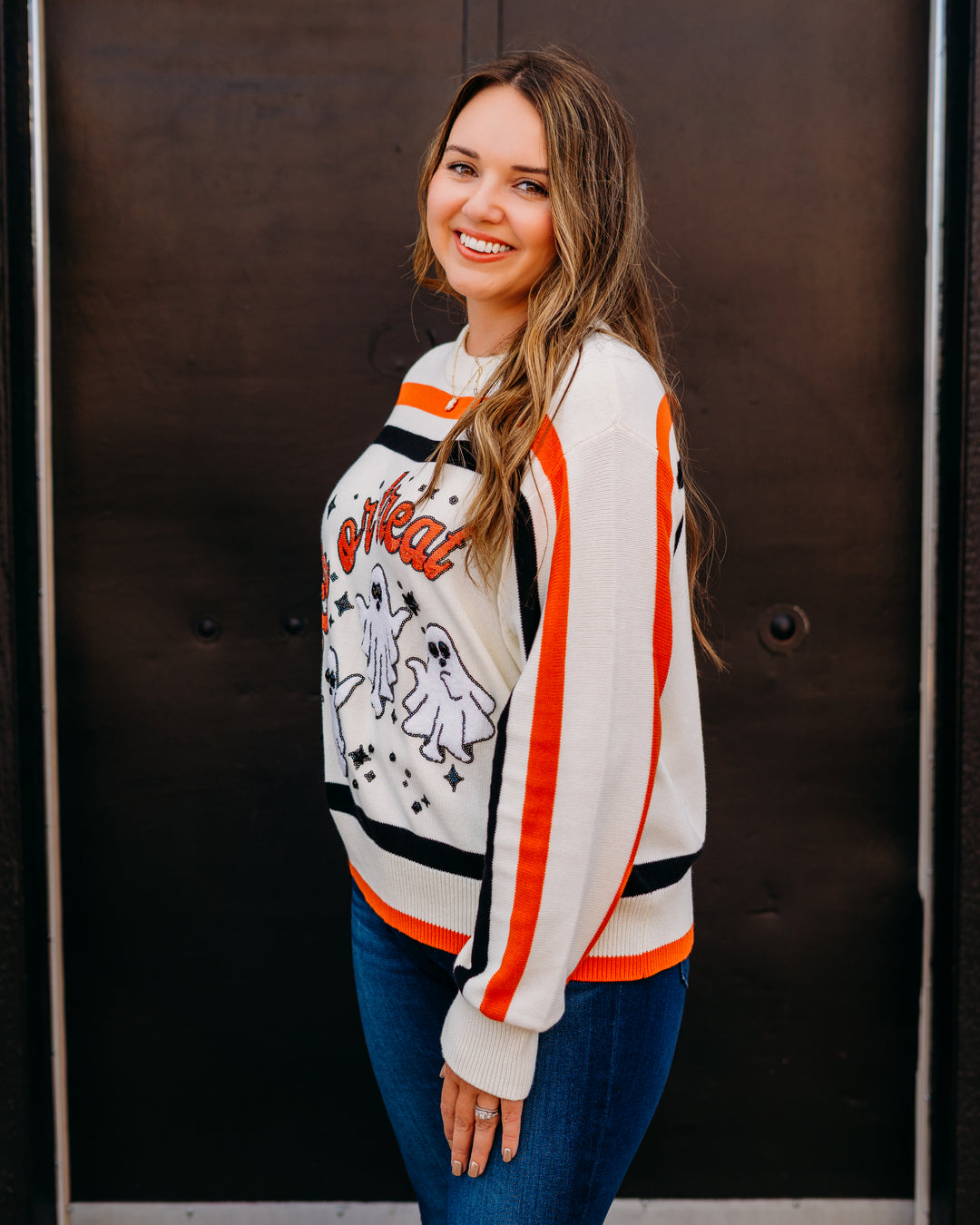 Queen of Sparkles: 'Trick or Treat' Long Sleeve Sweater in White, Black, & Orange Stripe.