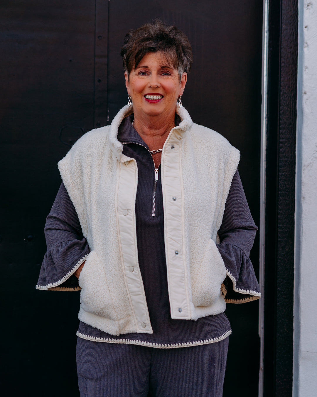 Multiples: (Snow Leopard) White Stand Collar Snap Front Jacket in Solid Faux Fur M45504VM