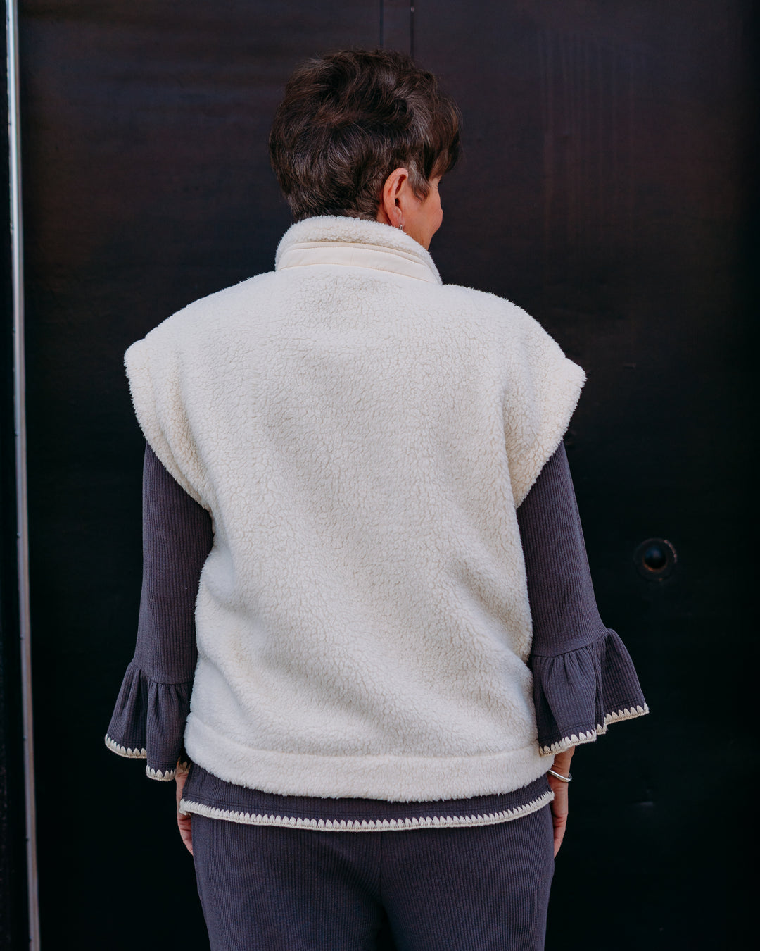 Multiples: (Snow Leopard) White Stand Collar Snap Front Jacket in Solid Faux Fur M45504VM