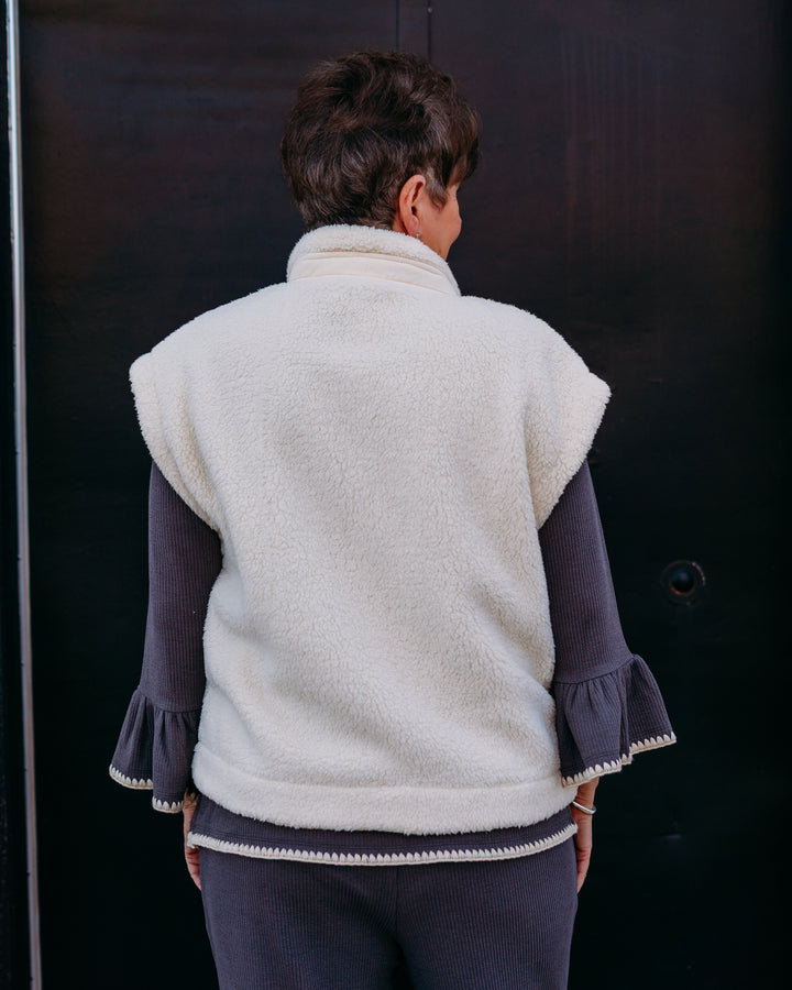 Multiples: (Snow Leopard) White Stand Collar Snap Front Jacket in Solid Faux Fur M45504VM