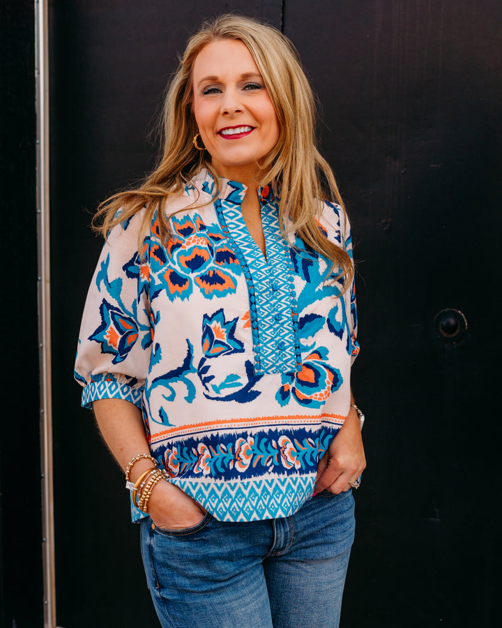 Joy Joy: Trimmed Top in Aegean Flora (76B7428-3) - The Vogue Boutique