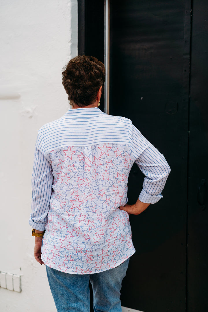 Multiples: (Liberty) Roll Tab Button Front Crinkle Woven Shirt M25508BM