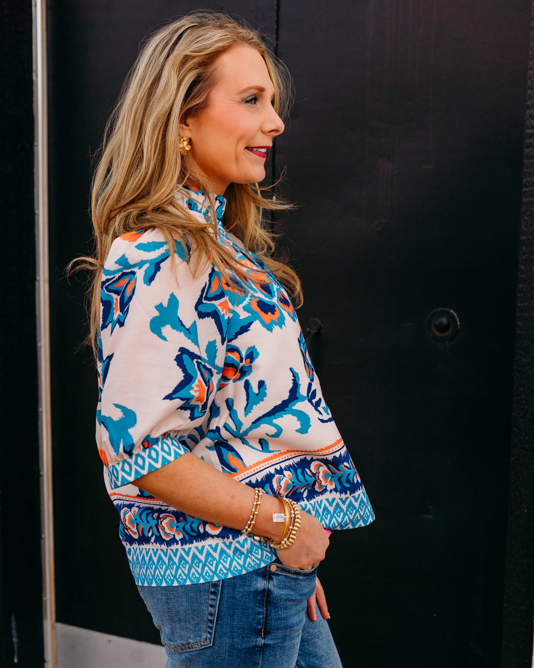 Joy Joy: Trimmed Top in Aegean Flora (76B7428-3) - The Vogue Boutique