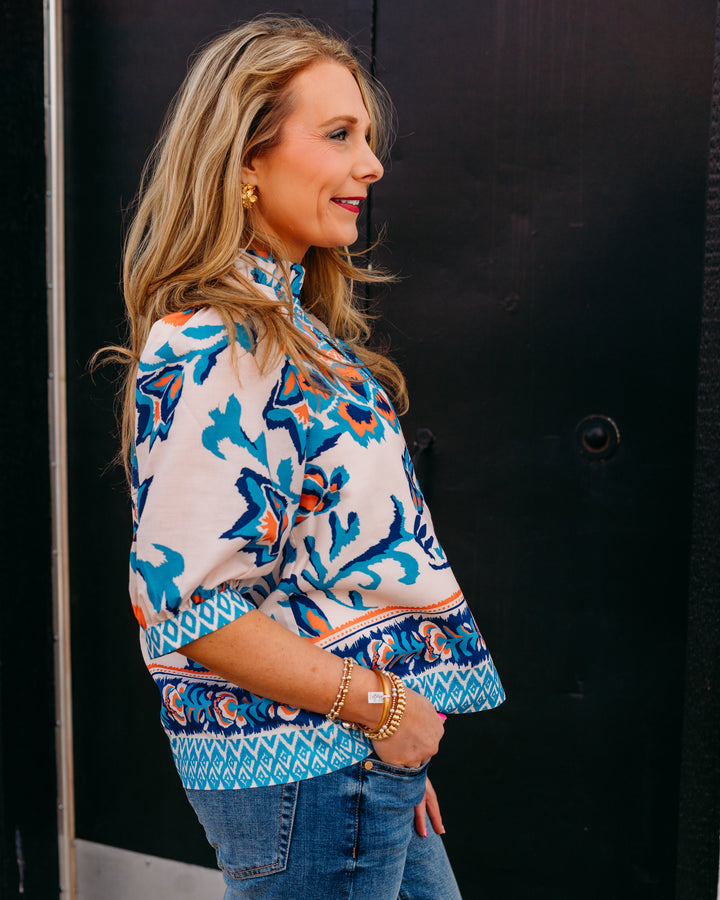 Joy Joy: Trimmed Top in Aegean Flora (76B7428-3) - The Vogue Boutique