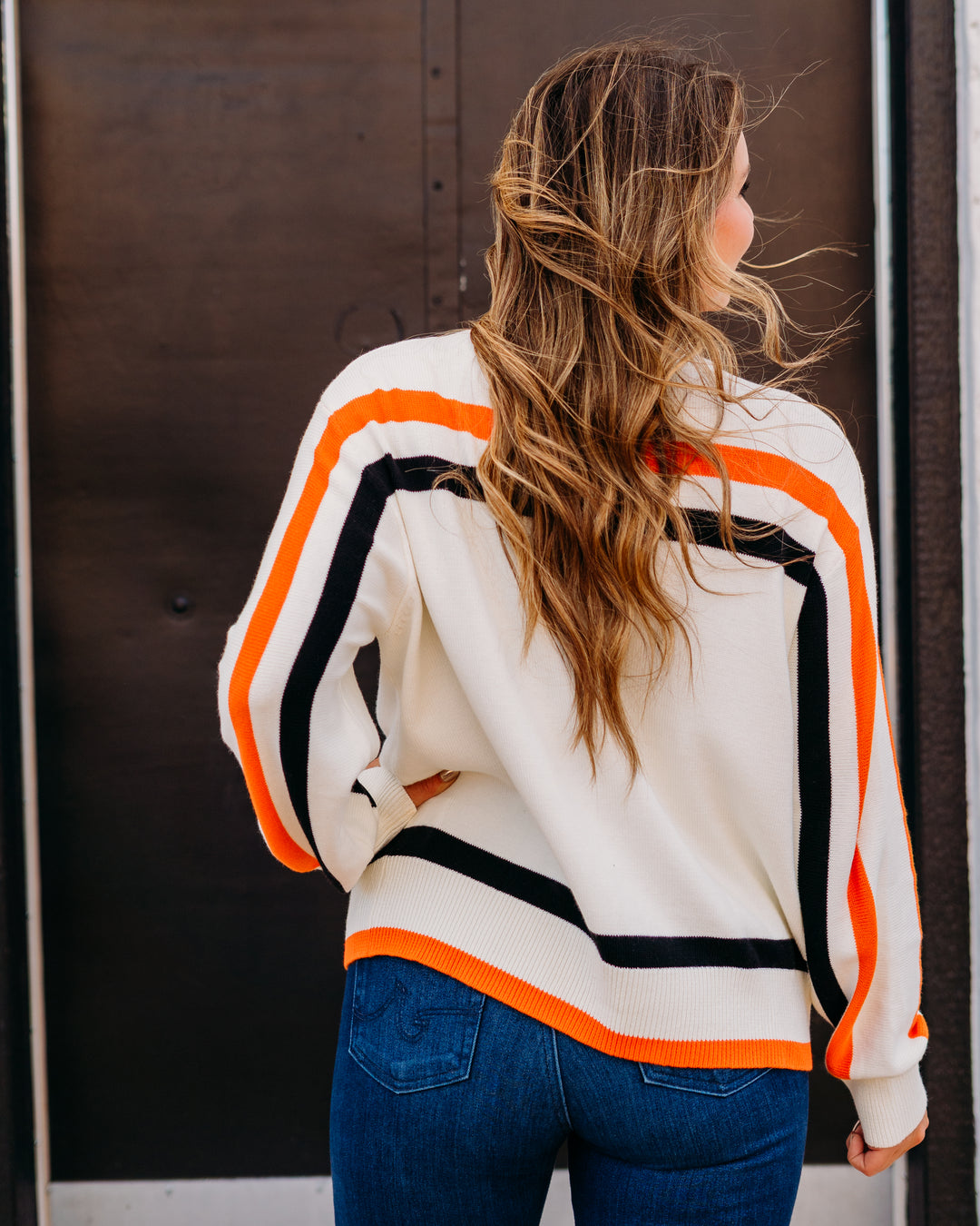 Queen of Sparkles: 'Trick or Treat' Long Sleeve Sweater in White, Black, & Orange Stripe.
