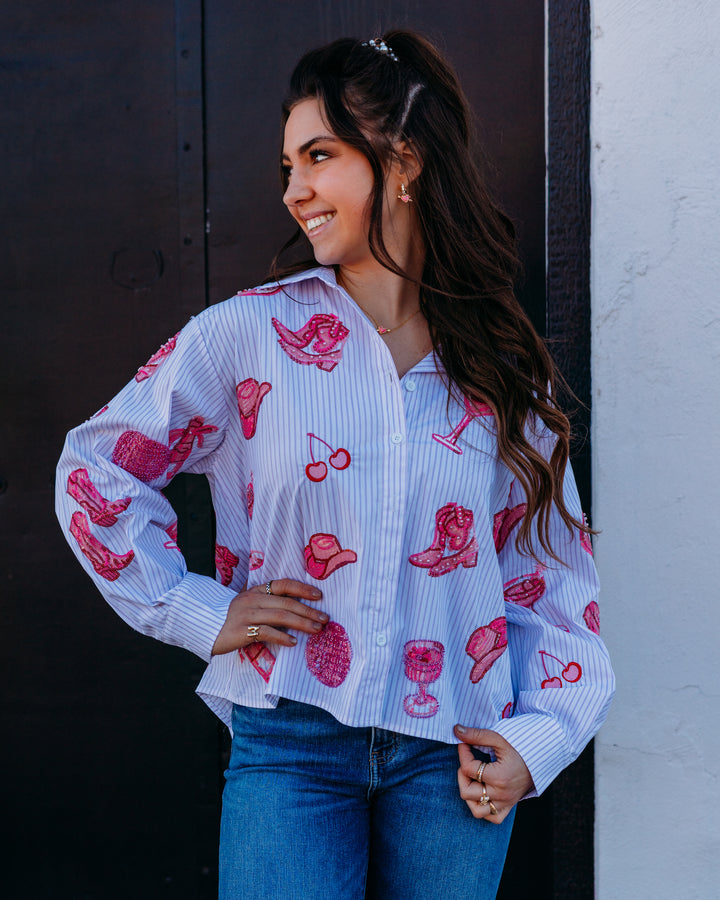 Queen Of Sparkles: Disco Cowgirl Icon Button Up Collared Top in Pink