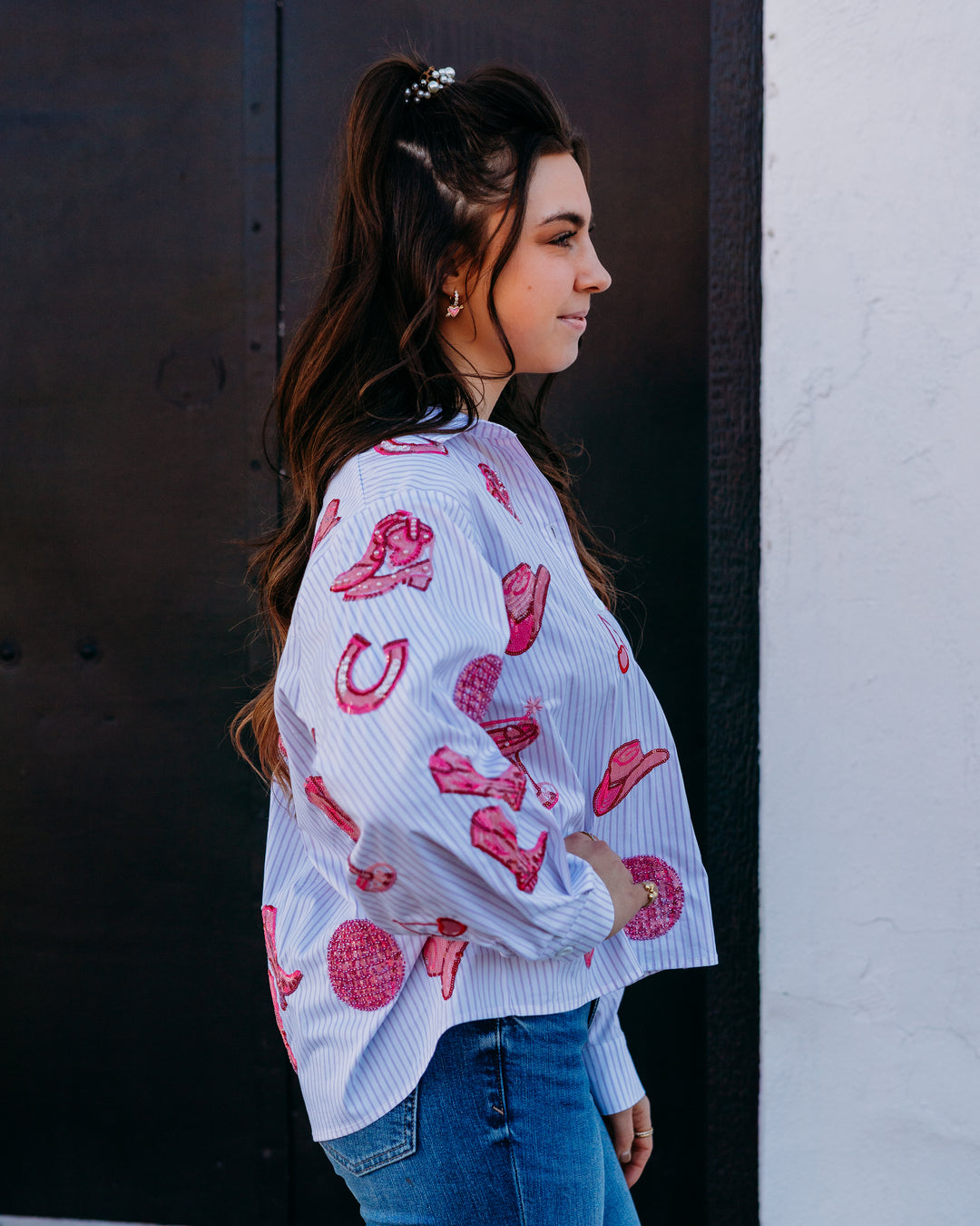 Queen Of Sparkles: Disco Cowgirl Icon Button Up Collared Top in Pink