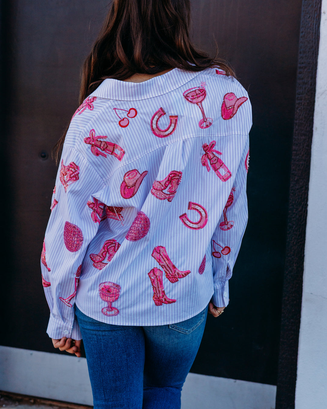 Queen Of Sparkles: Disco Cowgirl Icon Button Up Collared Top in Pink
