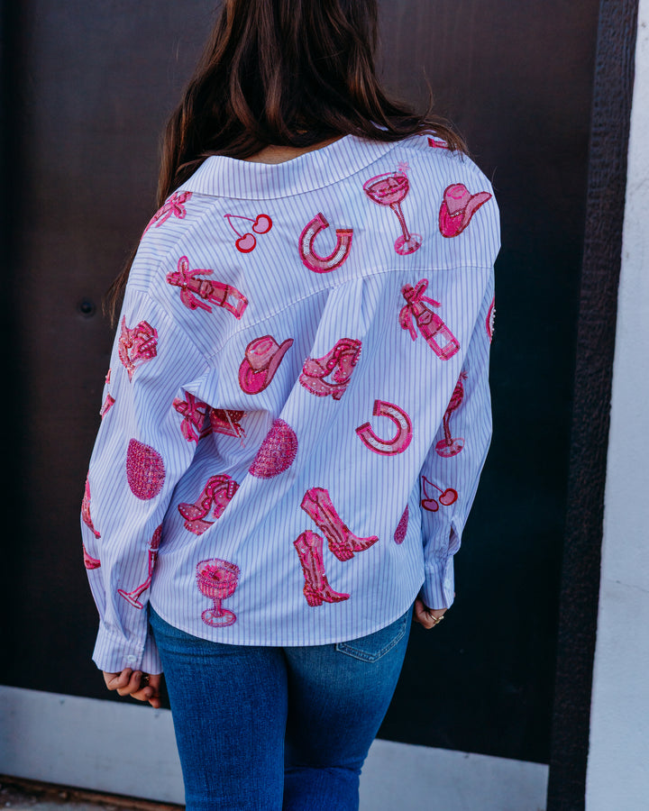 Queen Of Sparkles: Disco Cowgirl Icon Button Up Collared Top in Pink