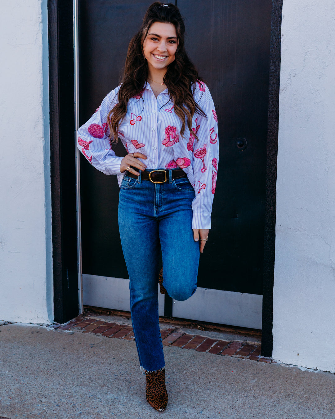 Queen Of Sparkles: Disco Cowgirl Icon Button Up Collared Top in Pink
