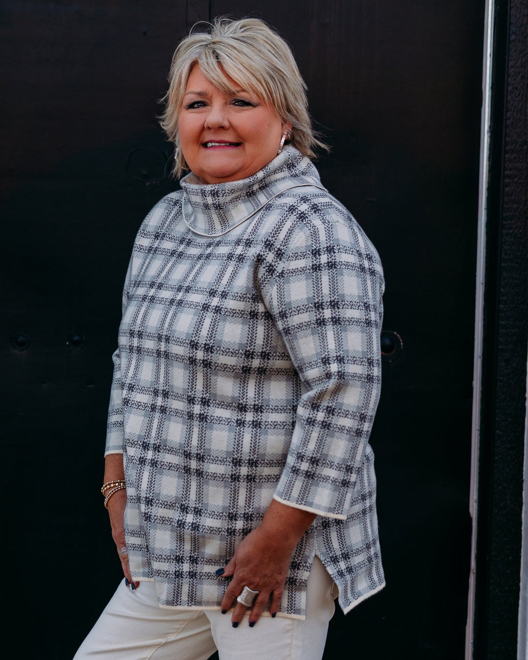 Multiples: 3/4 Sleeve Drop Shoulder Cowl Collar Knit Top M45512KM