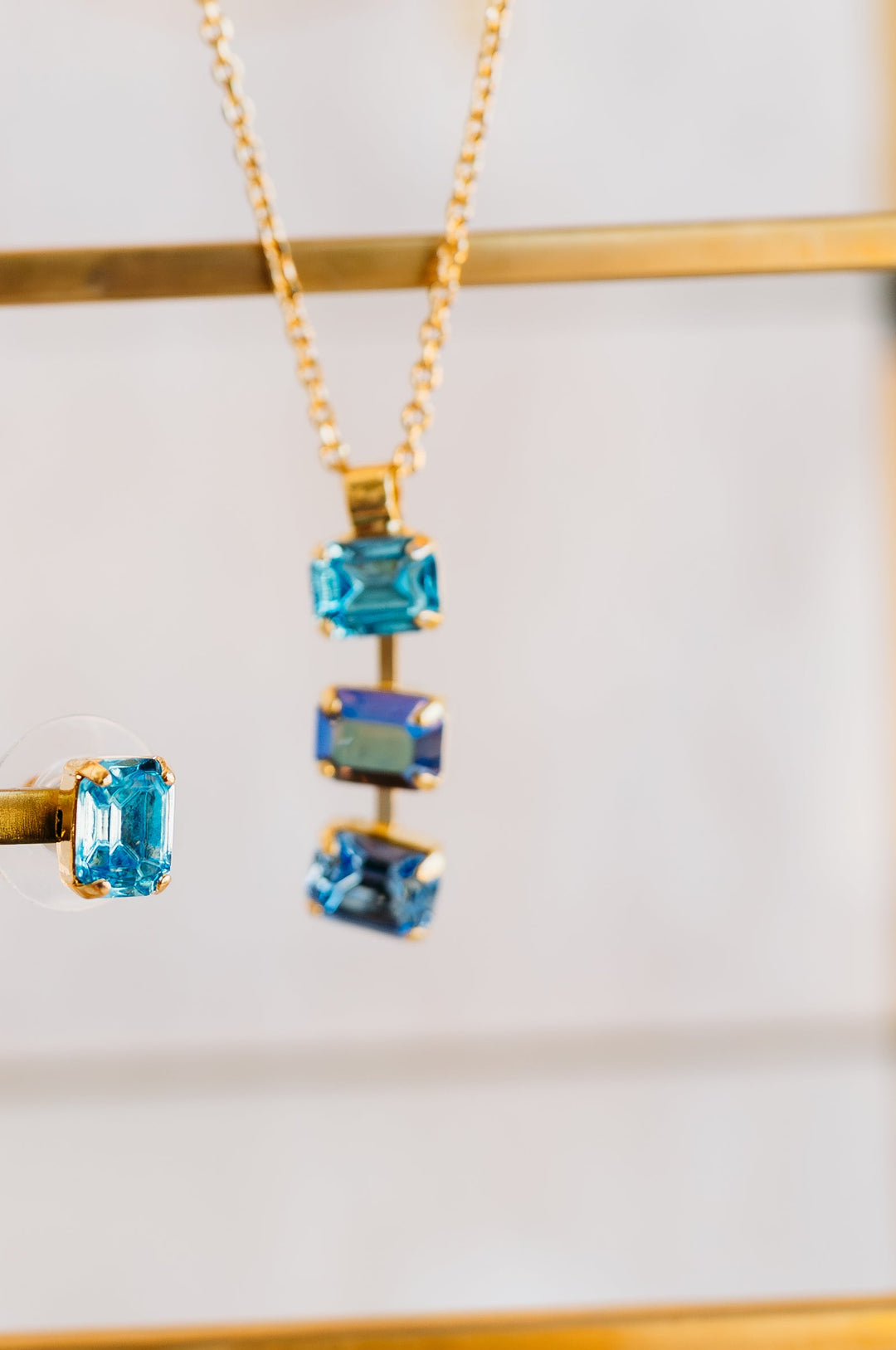 Mariana: "Baby Blue" Three Stone Drop Necklace in Gold