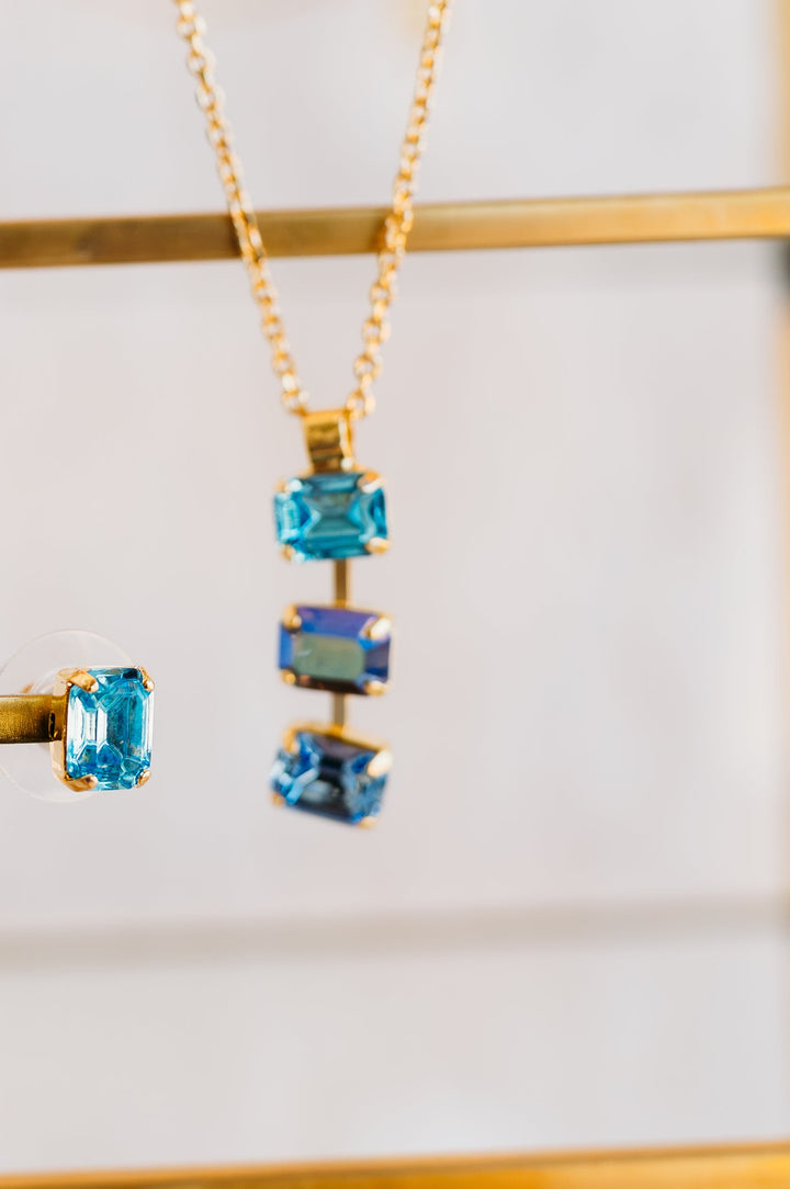 Mariana: "Baby Blue" Three Stone Drop Necklace in Gold