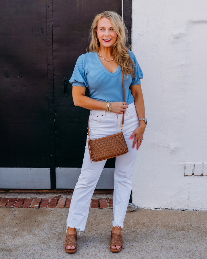 Karen Kane: Ribbed Short Sleeve Top in Chambray (2L44208)