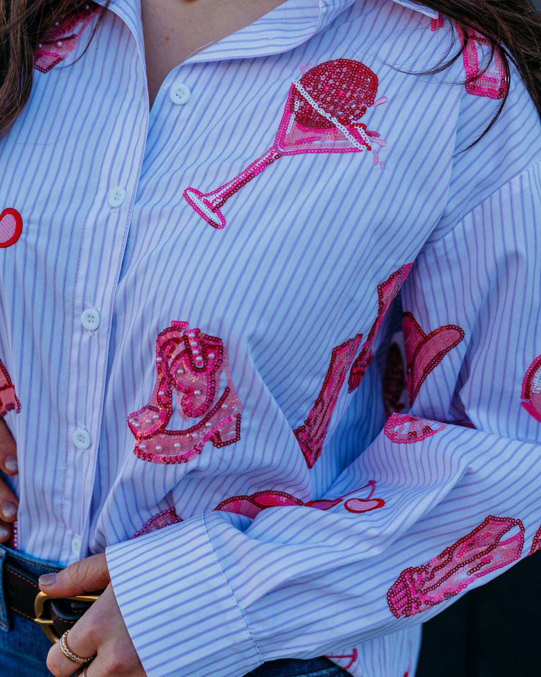 Queen Of Sparkles: Disco Cowgirl Icon Button Up Collared Top in Pink