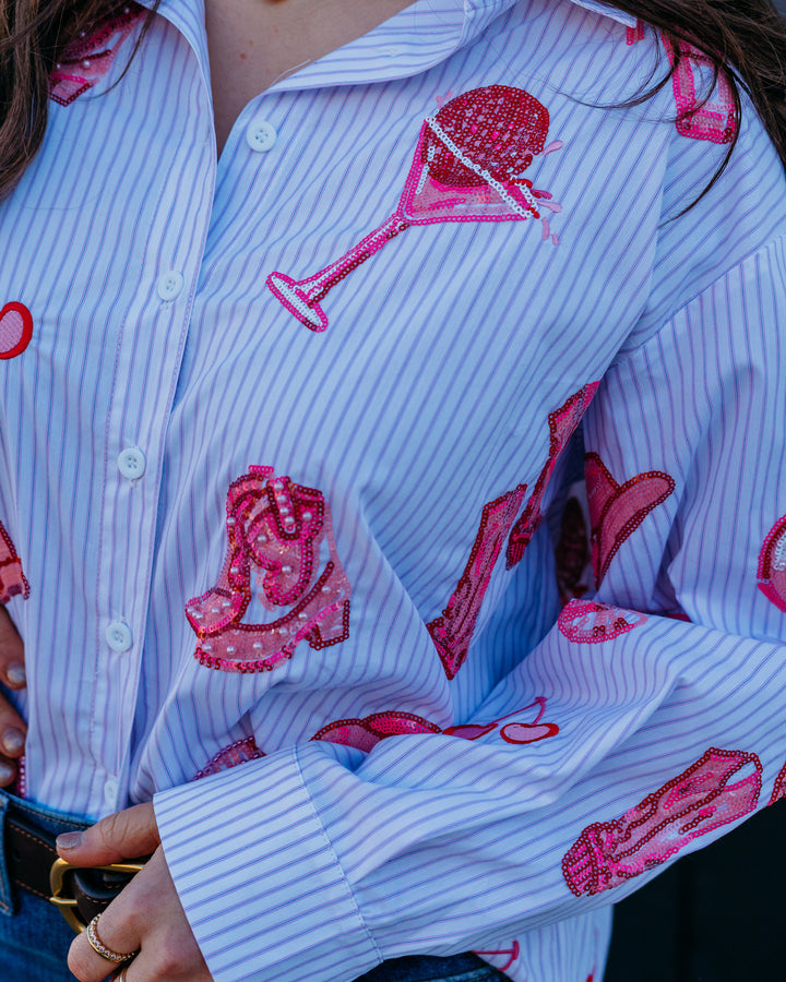 Queen Of Sparkles: Disco Cowgirl Icon Button Up Collared Top in Pink